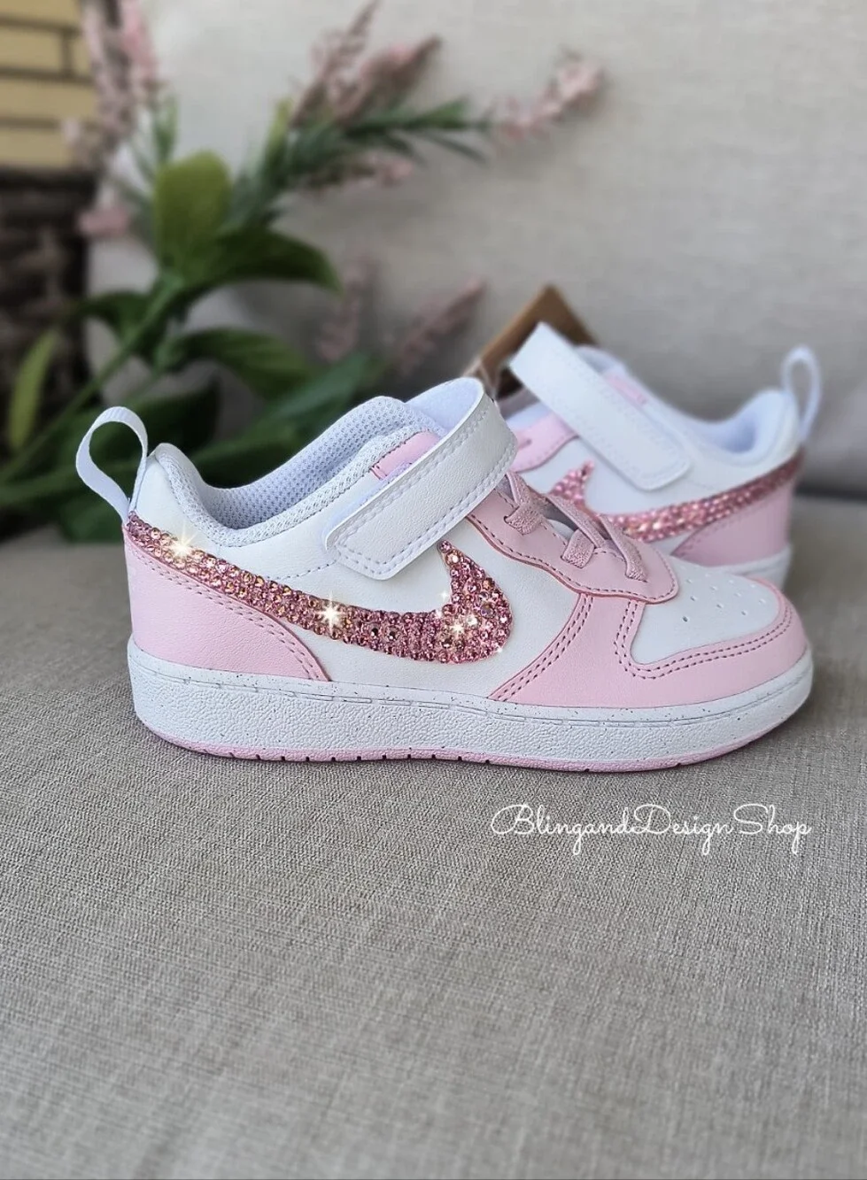 Swarovski Nike Court Borough Low Recraft Girls Toddler Bling Sneakers Pink White